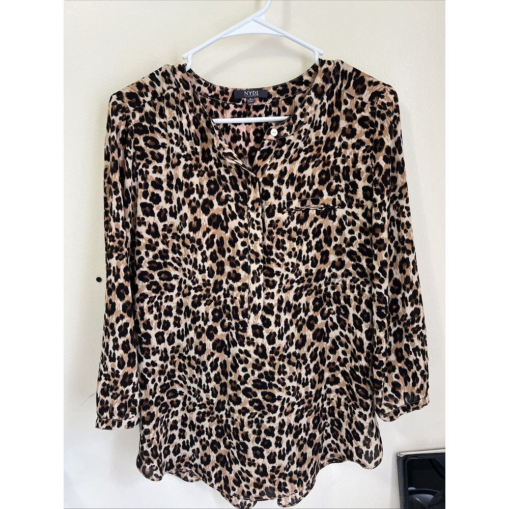 NYDJ Black Brown Leopard Print Henley Pleat Back 3/4 Sleeve Tunic Blouse Size Sm
